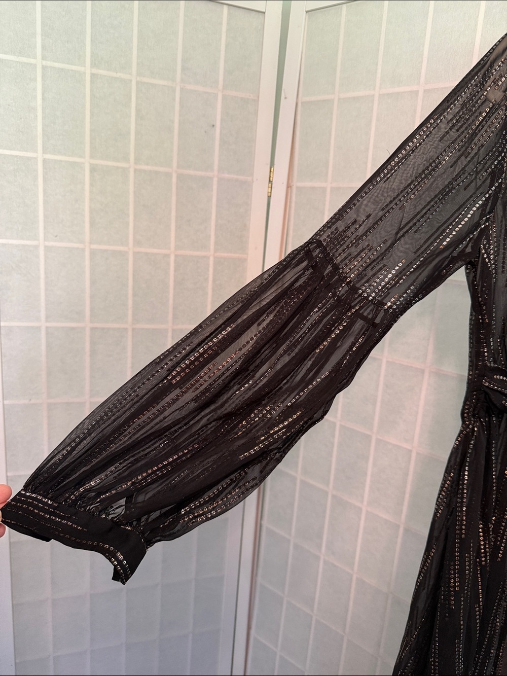 Express Black Sheer Metallic-Striped Tie-Waist Maxi Dress/ Boho cover up - Picture 3 of 5